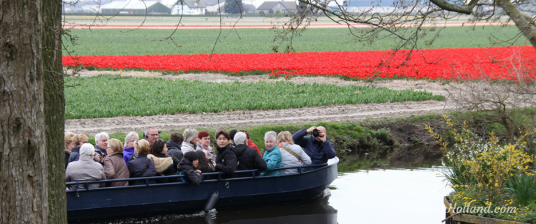 boat near tulip fields